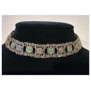 Vintage V Multi-color Rhinestone Gold Tone Choker Necklace